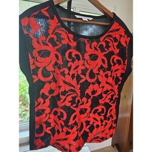 Diane Von Furstenberg Red & Black Lace Lined Semi Sheer Top Size 4